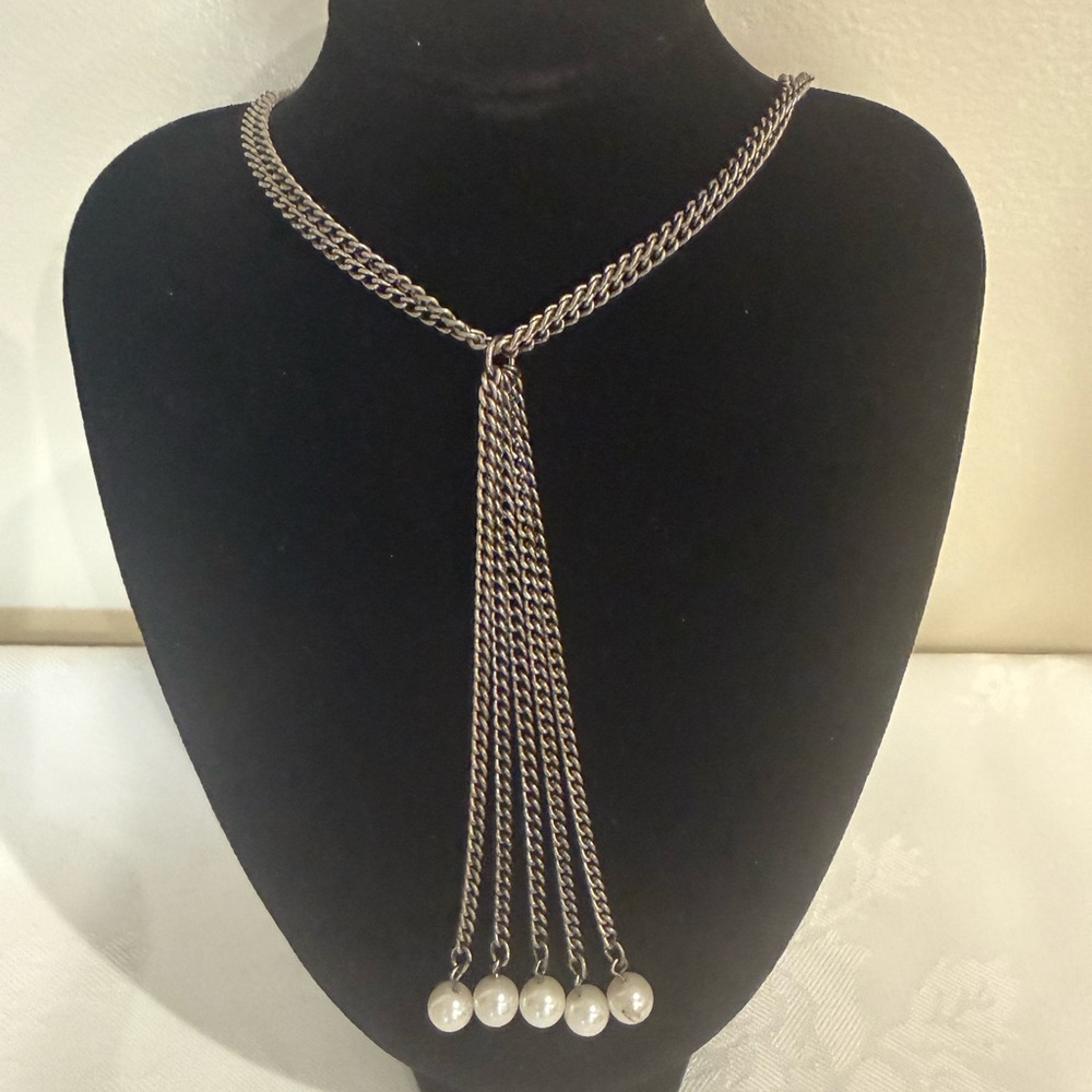 Elegant Silver Faux Pearl Drop Necklace